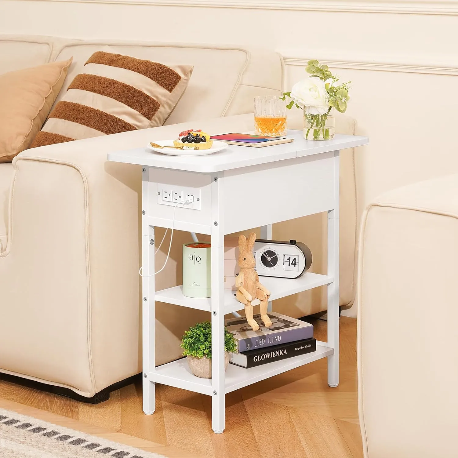 Yoobure End Table with Charging Station, Flip Top Side Table with USB Ports and Outlets, Sofa Couch Table Bedside Table for Living Room Bedroom, Narrow Nightstand with Storage Shelves for Small Spaces