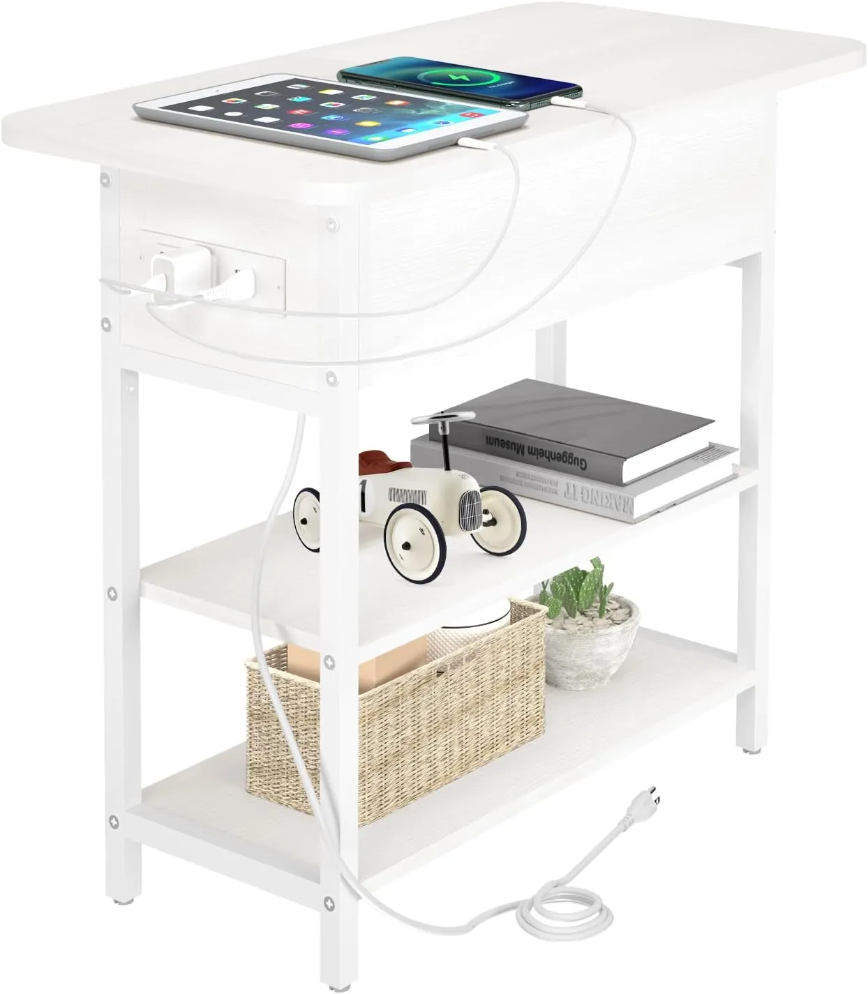 Yoobure End Table with Charging Station, Flip Top Side Table with USB Ports and Outlets, Sofa Couch Table Bedside Table for Living Room Bedroom, Narrow Nightstand with Storage Shelves for Small Spaces