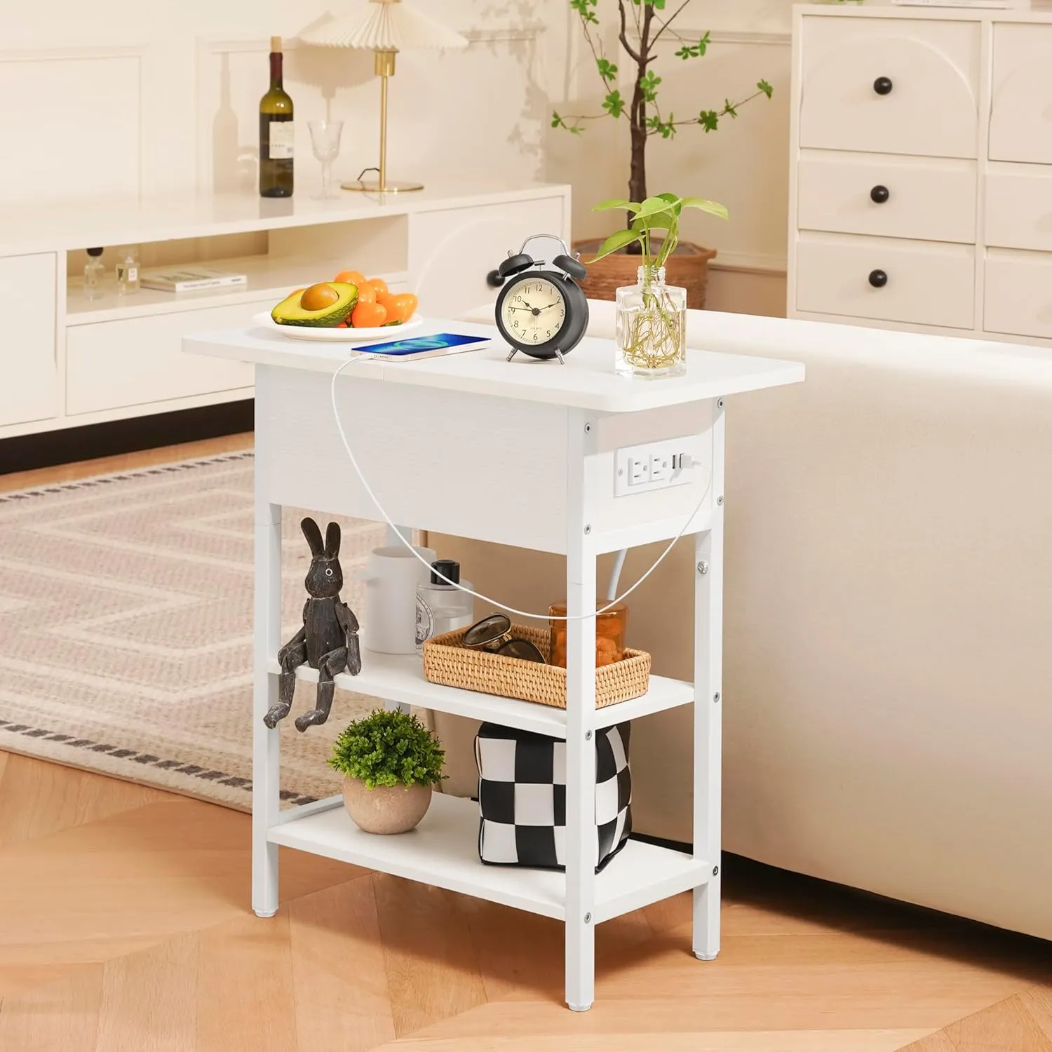 Yoobure End Table with Charging Station, Flip Top Side Table with USB Ports and Outlets, Sofa Couch Table Bedside Table for Living Room Bedroom, Narrow Nightstand with Storage Shelves for Small Spaces