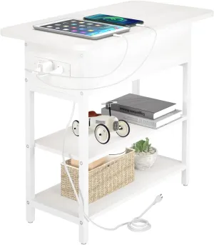 Yoobure End Table with Charging Station, Flip Top Side Table with USB Ports and Outlets, Sofa Couch Table Bedside Table for Living Room Bedroom, Narrow Nightstand with Storage Shelves for Small Spaces