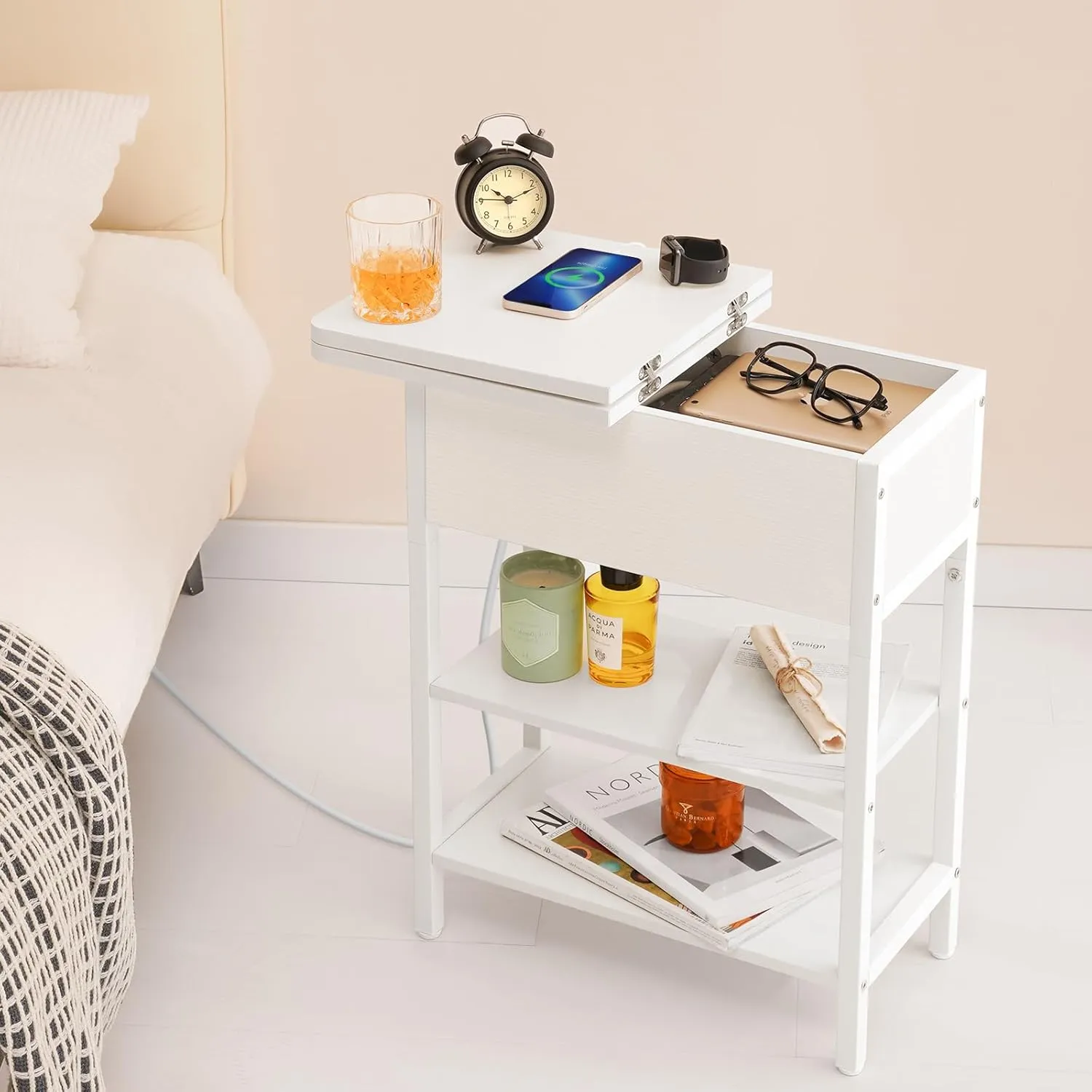Yoobure End Table with Charging Station, Flip Top Side Table with USB Ports and Outlets, Sofa Couch Table Bedside Table for Living Room Bedroom, Narrow Nightstand with Storage Shelves for Small Spaces