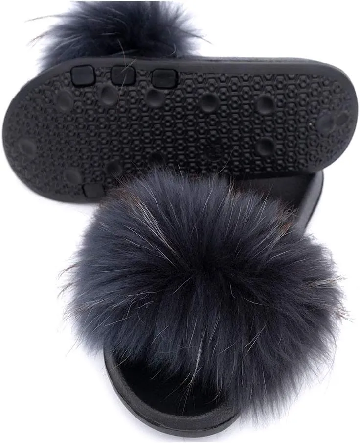 Yu Li Womens Luxury Real Raccon Fur Slippers Slides Indoor Outdoor Flat Soles Soft Summer Shoes