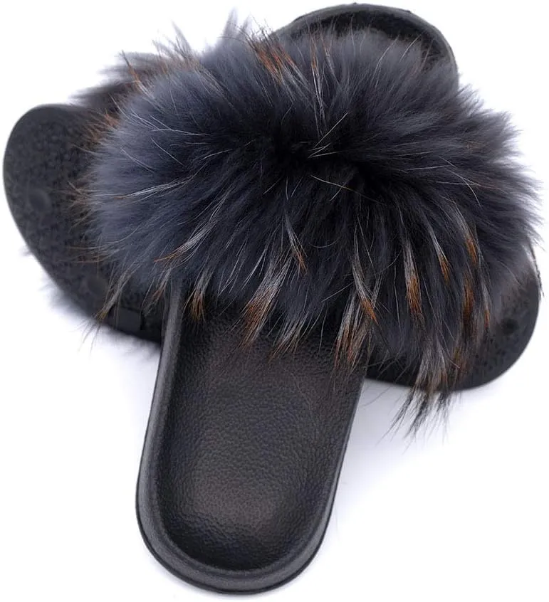 Yu Li Womens Luxury Real Raccon Fur Slippers Slides Indoor Outdoor Flat Soles Soft Summer Shoes
