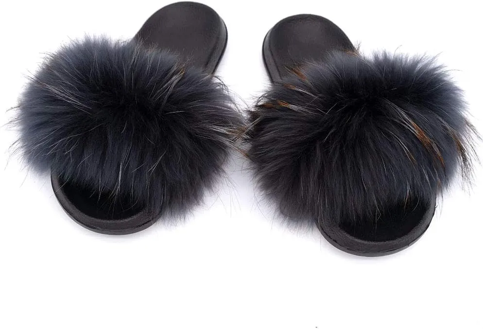 Yu Li Womens Luxury Real Raccon Fur Slippers Slides Indoor Outdoor Flat Soles Soft Summer Shoes