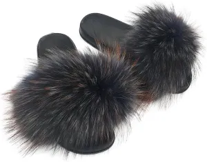 Yu Li Womens Luxury Real Raccon Fur Slippers Slides Indoor Outdoor Flat Soles Soft Summer Shoes
