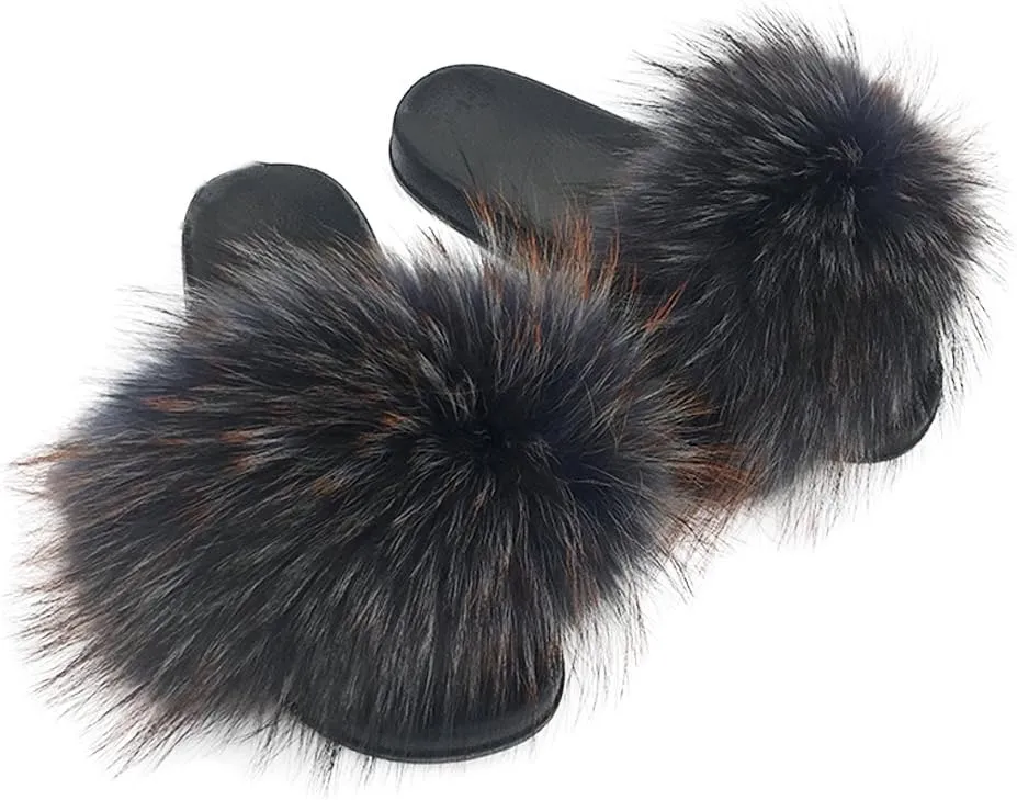 Yu Li Womens Luxury Real Raccon Fur Slippers Slides Indoor Outdoor Flat Soles Soft Summer Shoes