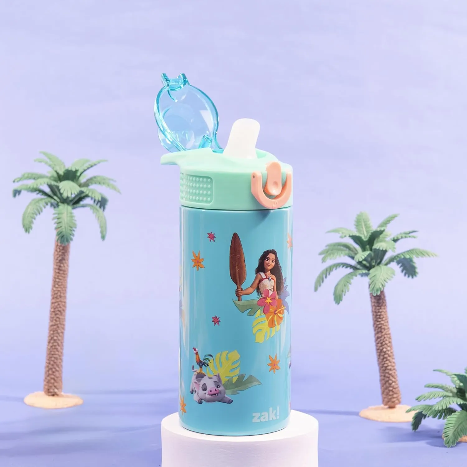 Zak Designs Disney Moana Sage Kids Water Bottle For School or Travel, 14oz Stainless Steel Water Bottle With Straw, Handle, and Leak-Proof, Pop-Up Spout Cover (Moana, Maui, Pua, Hei Hei)