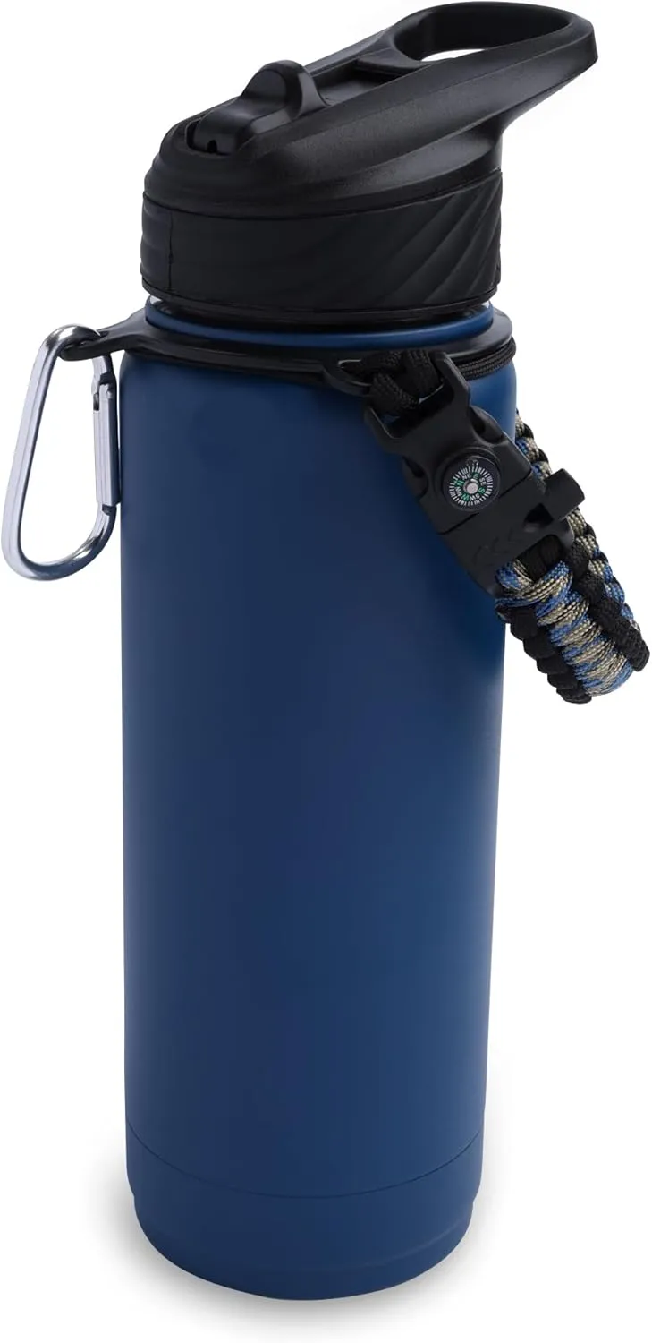 Zenith Straw Stainless Steel Bottle with Carabiner, Compass, Signal Whistle, and Fire Starter - 32 Oz - Sapphire Powder Coat
