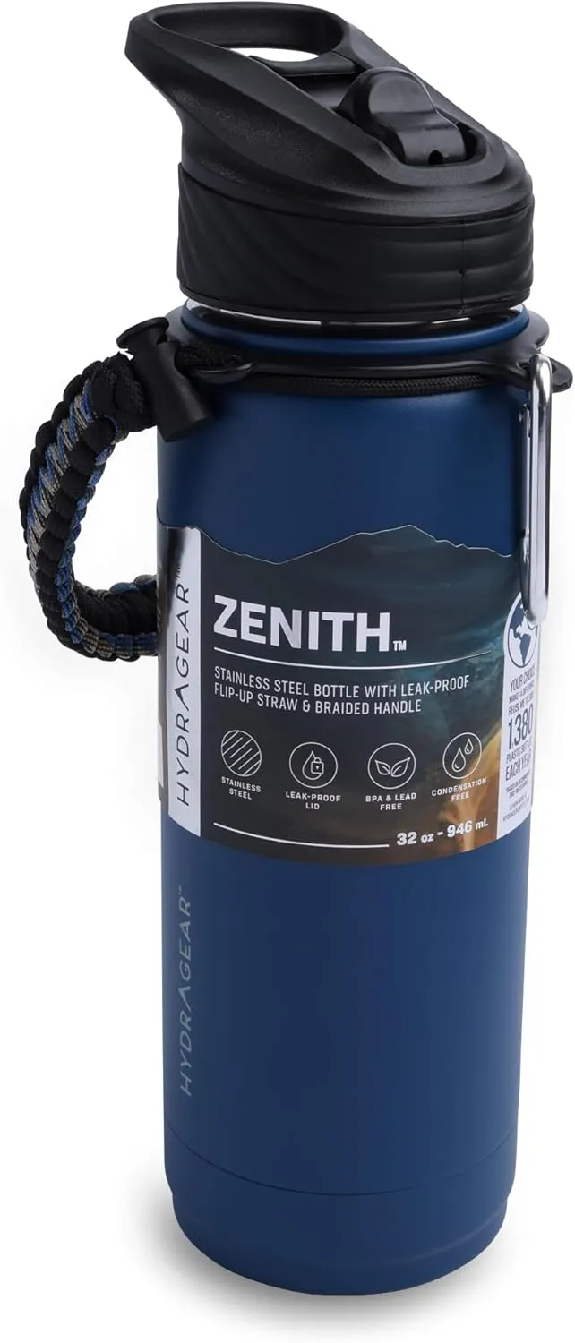 Zenith Straw Stainless Steel Bottle with Carabiner, Compass, Signal Whistle, and Fire Starter - 32 Oz - Sapphire Powder Coat