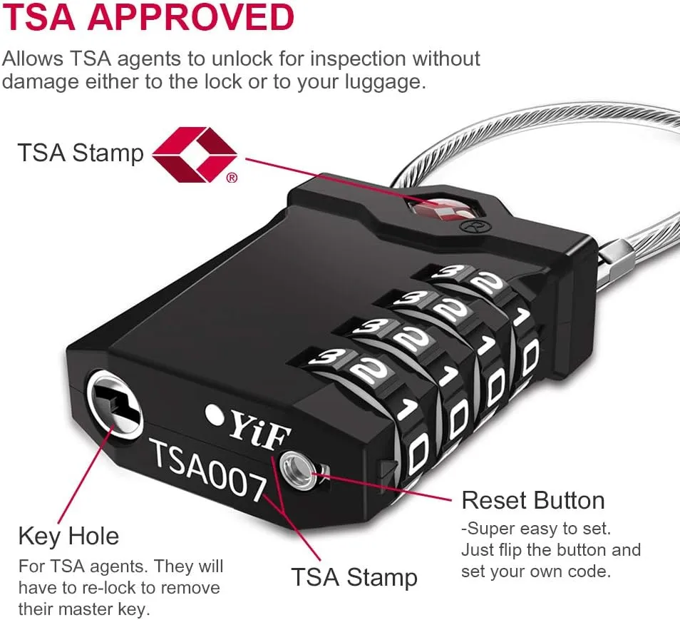 ZHEGE Luggage Locks TSA Approved, Cable Lock with White Numbers, 4 Digit Combination Zipper Lock with Inspection Indicator for Suitcases, Backpack, Baggage, Code Padlocks for Lockers (2 Pack, Black)