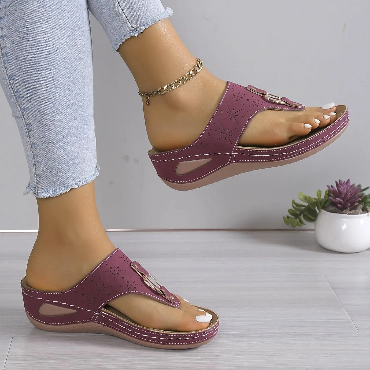 ZSpzx Orthopedic Sandals for Women,2025 Arch Support Wedge Flip Flops Slide Dressy Summer Open Toe Slip on Sandalias Comfortable Slides Slippers Metal Plantar Fasciitis Walking Beach Shoes