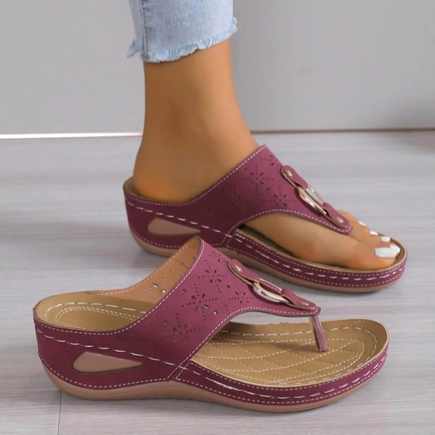 ZSpzx Orthopedic Sandals for Women,2025 Arch Support Wedge Flip Flops Slide Dressy Summer Open Toe Slip on Sandalias Comfortable Slides Slippers Metal Plantar Fasciitis Walking Beach Shoes